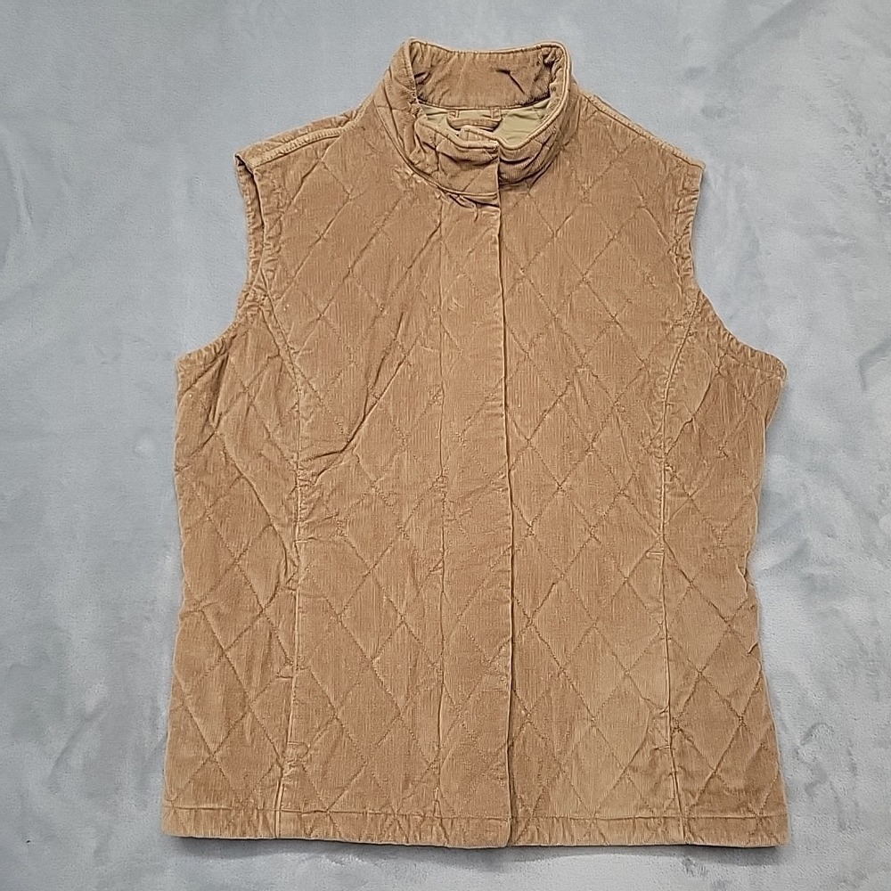 Eddie Bauer Vest Women Medium Brown Quilted Corduroy Full Zip Mock Neck Classic